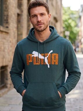 PUMA Men’s Structured Graphic Logo Pullover Hoodie Green Orange Size XXL
